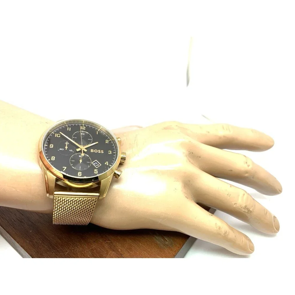 Hugo Boss Men's Watch 1513838 Quartz Chronograph Black Dial Gold Mesh Steel 44mm